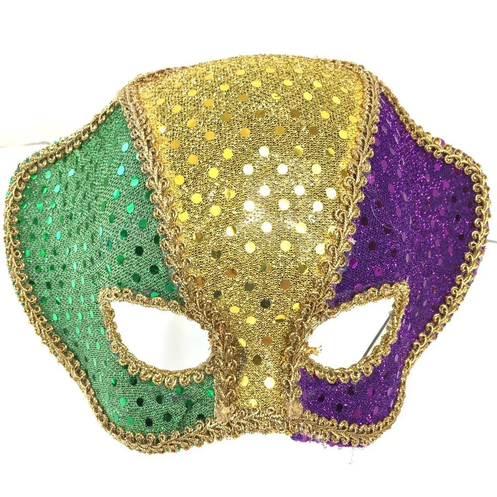 Mardi Gras Gold Green Purple Sequin Head Band Face mask Unisex NWT NOS